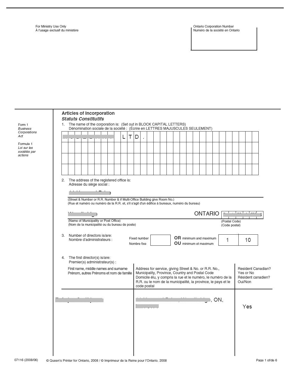 Ontario Articles of Incorporation page 1