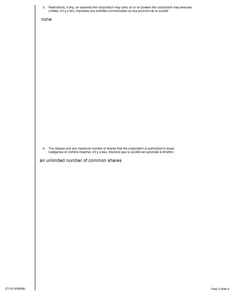 Ontario Articles of Incorporation page 2