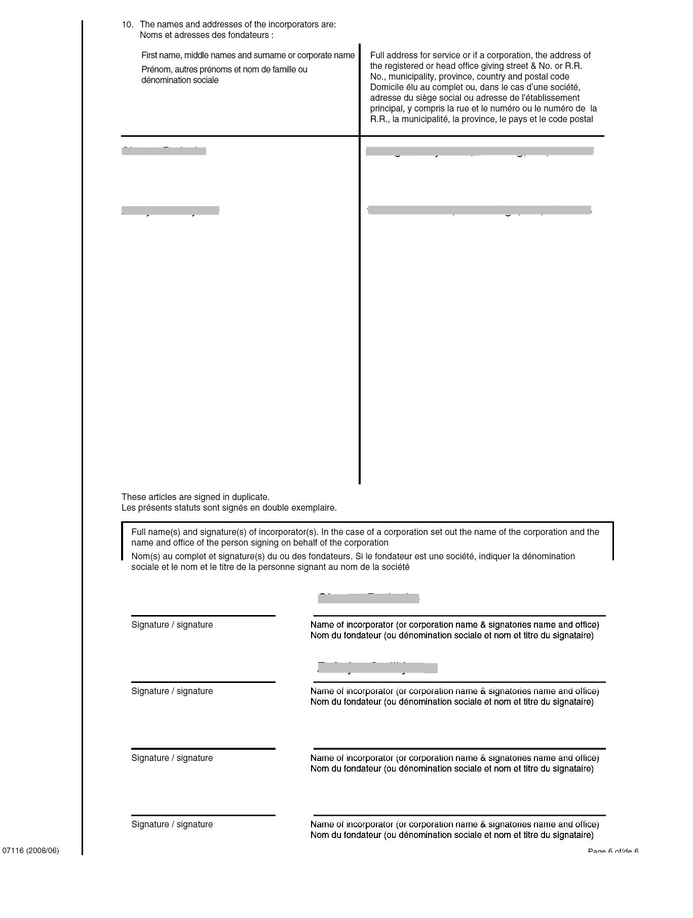 Ontario Articles of Incorporation page 6