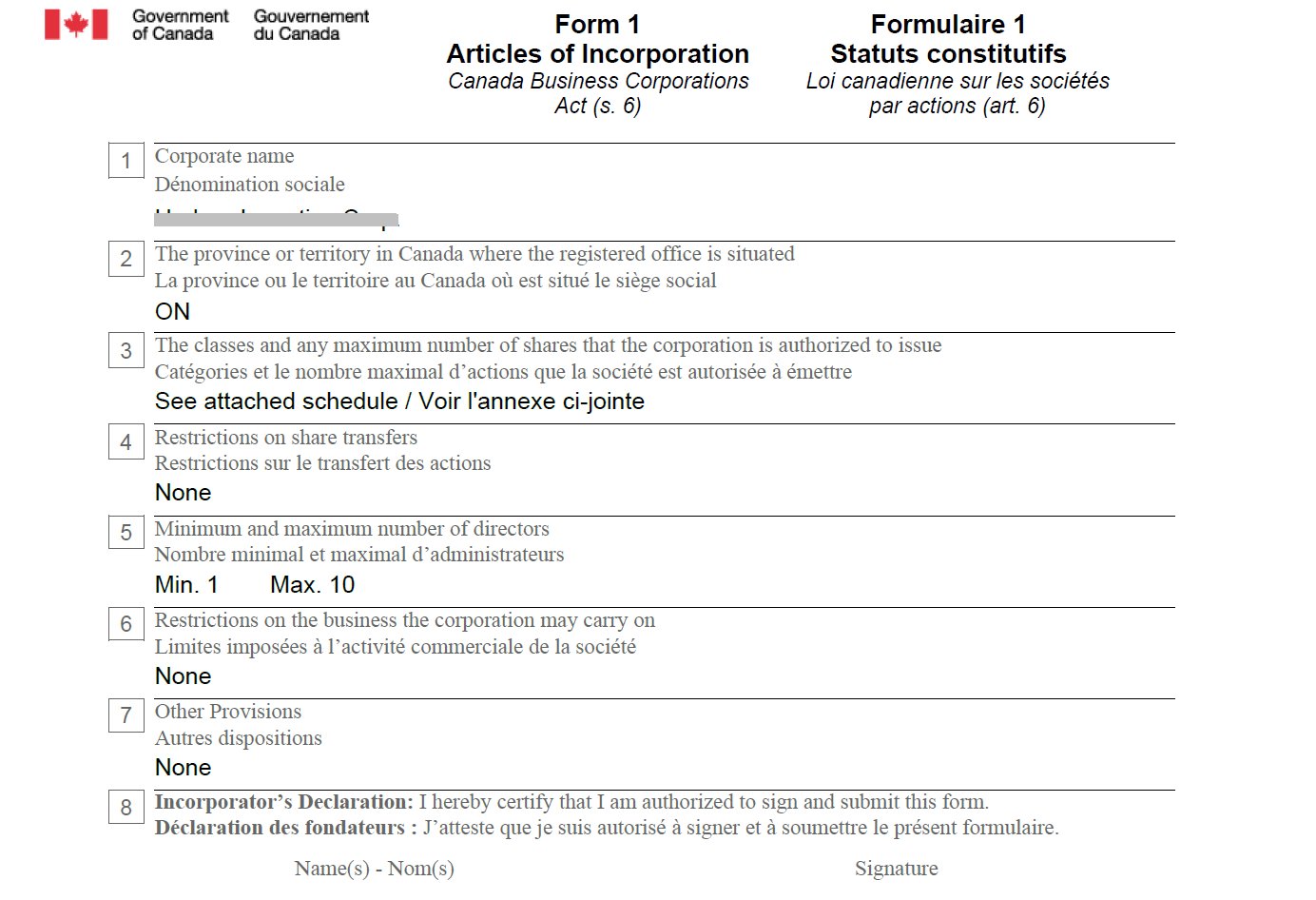 Articles of Incorporation Form 1